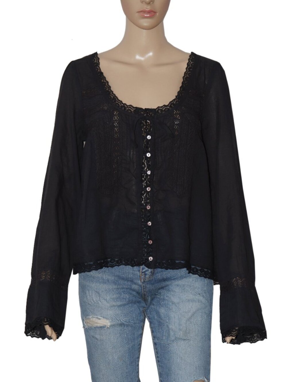 Free People Forevermore Long-Sleeve Blouse Top Lace Black XS - Picture 3 of 6
